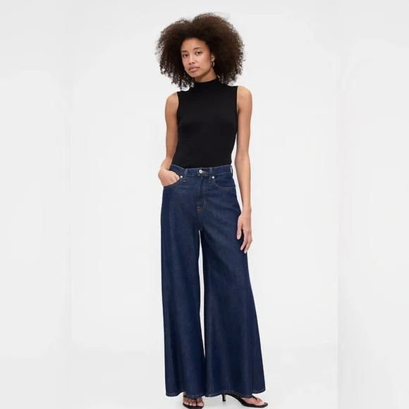 Wide-Leg Dark Blue Jeans - Picture 2 of 12